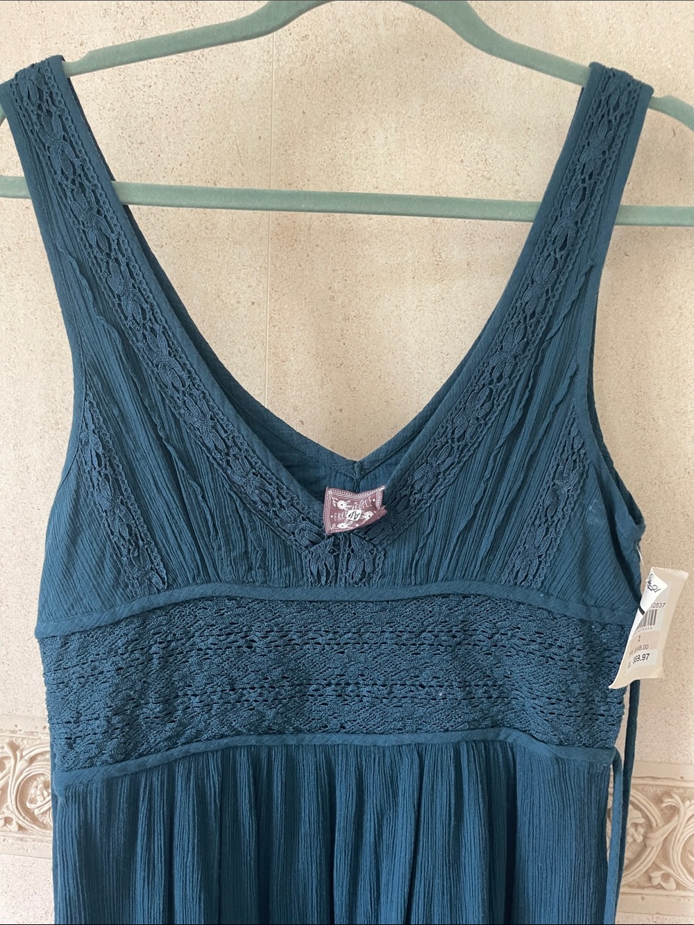 Free People Teal Sleeveless Lace-Trim Maxi Dress
